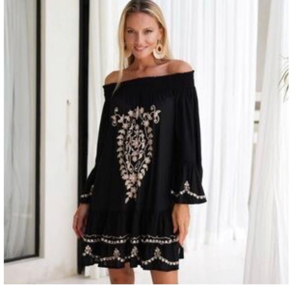 BALI QUEEN black ruffle dress off shoulder travel vacation one sz fits s m l wom